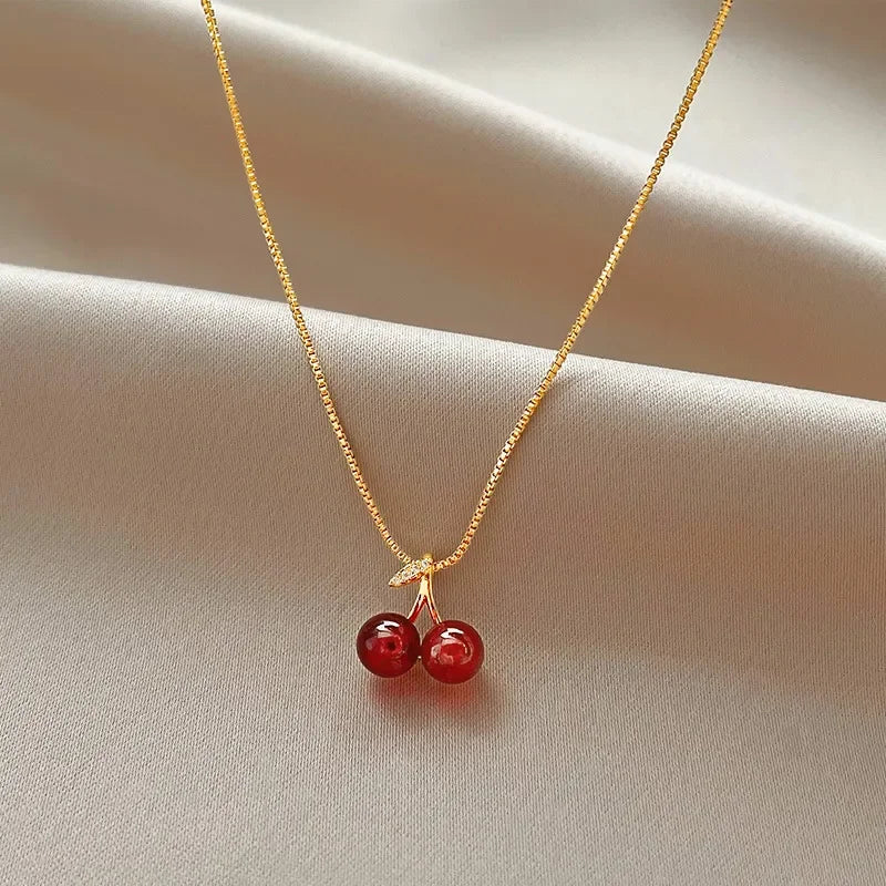 Wine Red Cherry Pendant Necklace for Women with Golden Chain for Party and Birthday Gifts