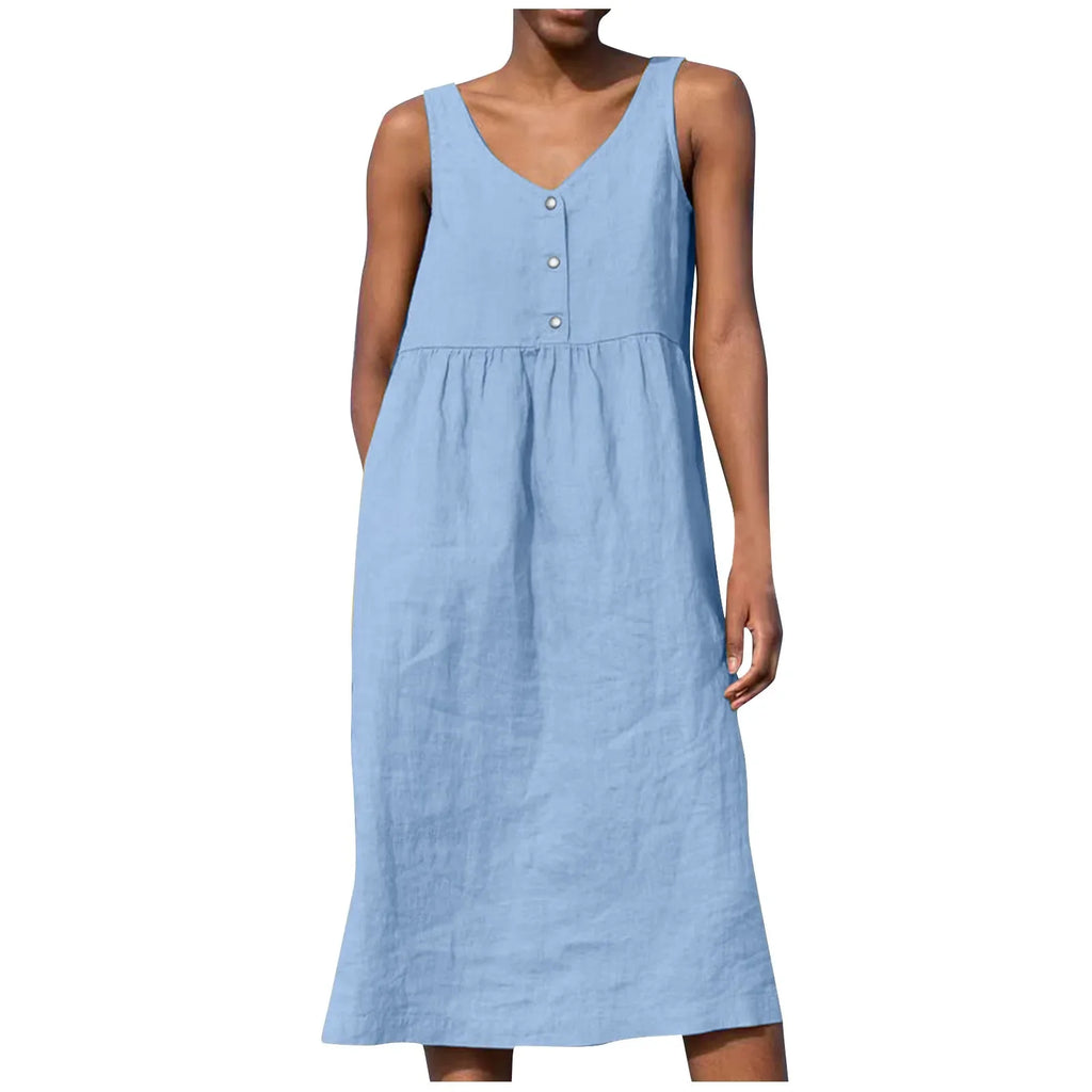 Boho Cotton Linen Sleeveless Dress For Women Summer Holiday