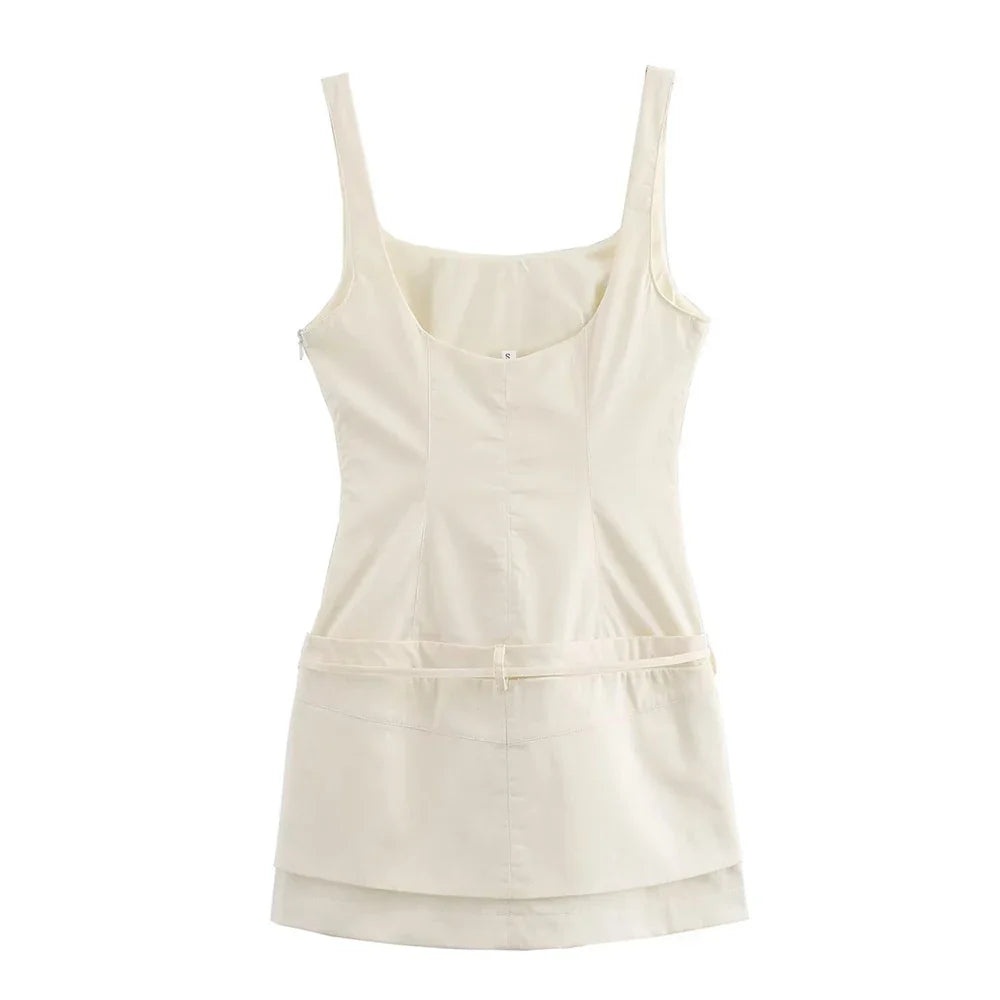 Square Neck Sleeveless Patchwork Dress With Belt For Party