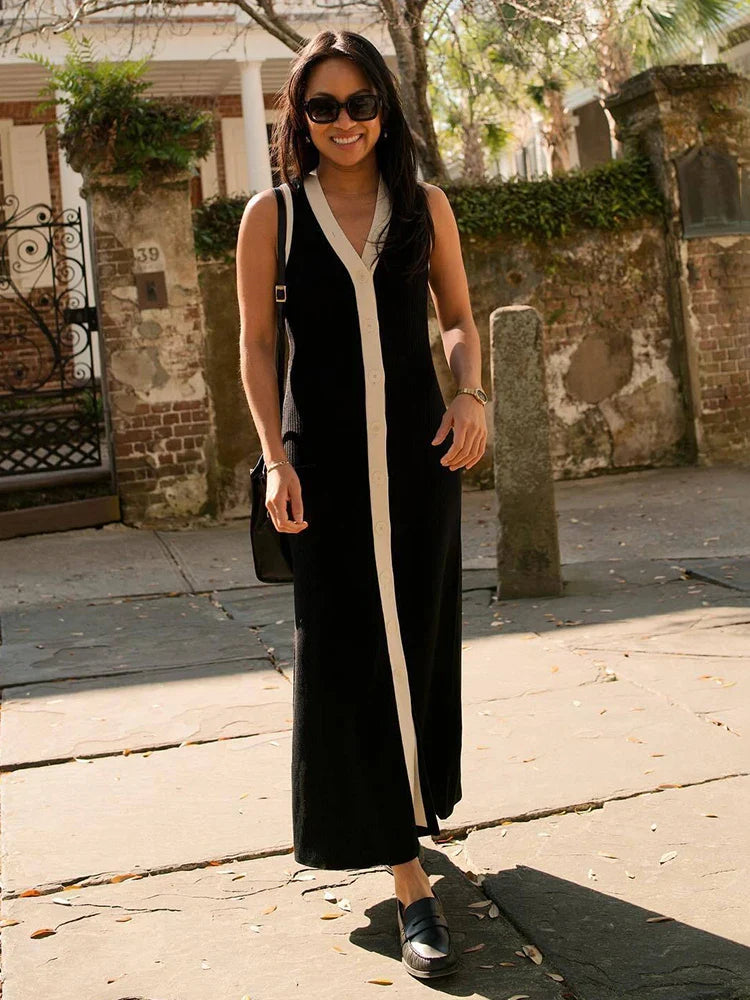 Sleeveless Ribbed Knit Dress V Neck Bodycon Long Dress