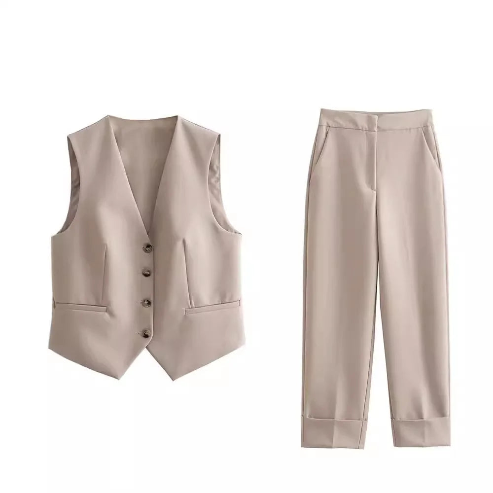 Khaki Women's Suit Set with High Waisted Straight Leg Pants and Fashion Vest
