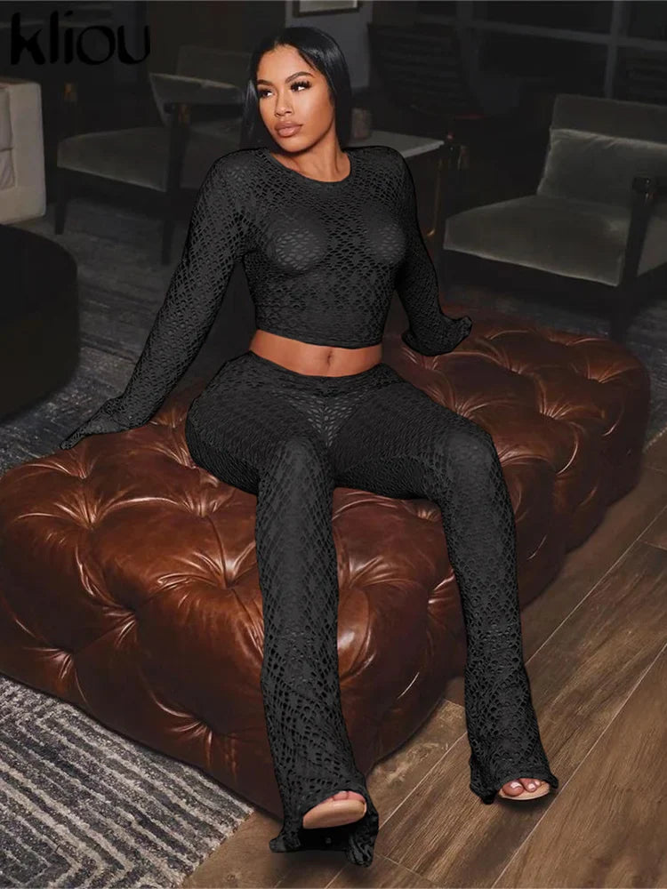 Sexy Coquette 2 Piece Set Sheer Long Sleeve Slim Top and High Waist Flare Pants Nightclub Outfit