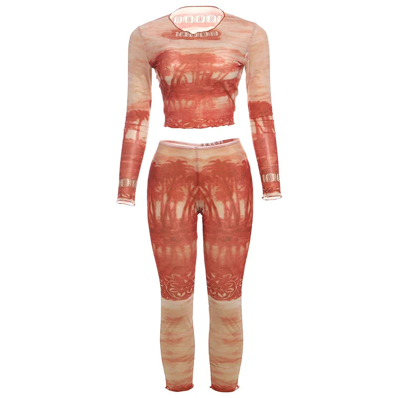 See Through Women 2 Piece Set Sexy Print Crop Top and Leggings Matching Summer Outfit