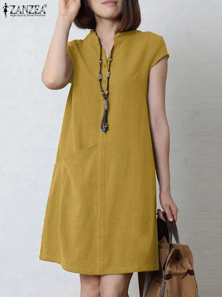 Cotton Summer Dress V Neck Short Sleeve Knee Length