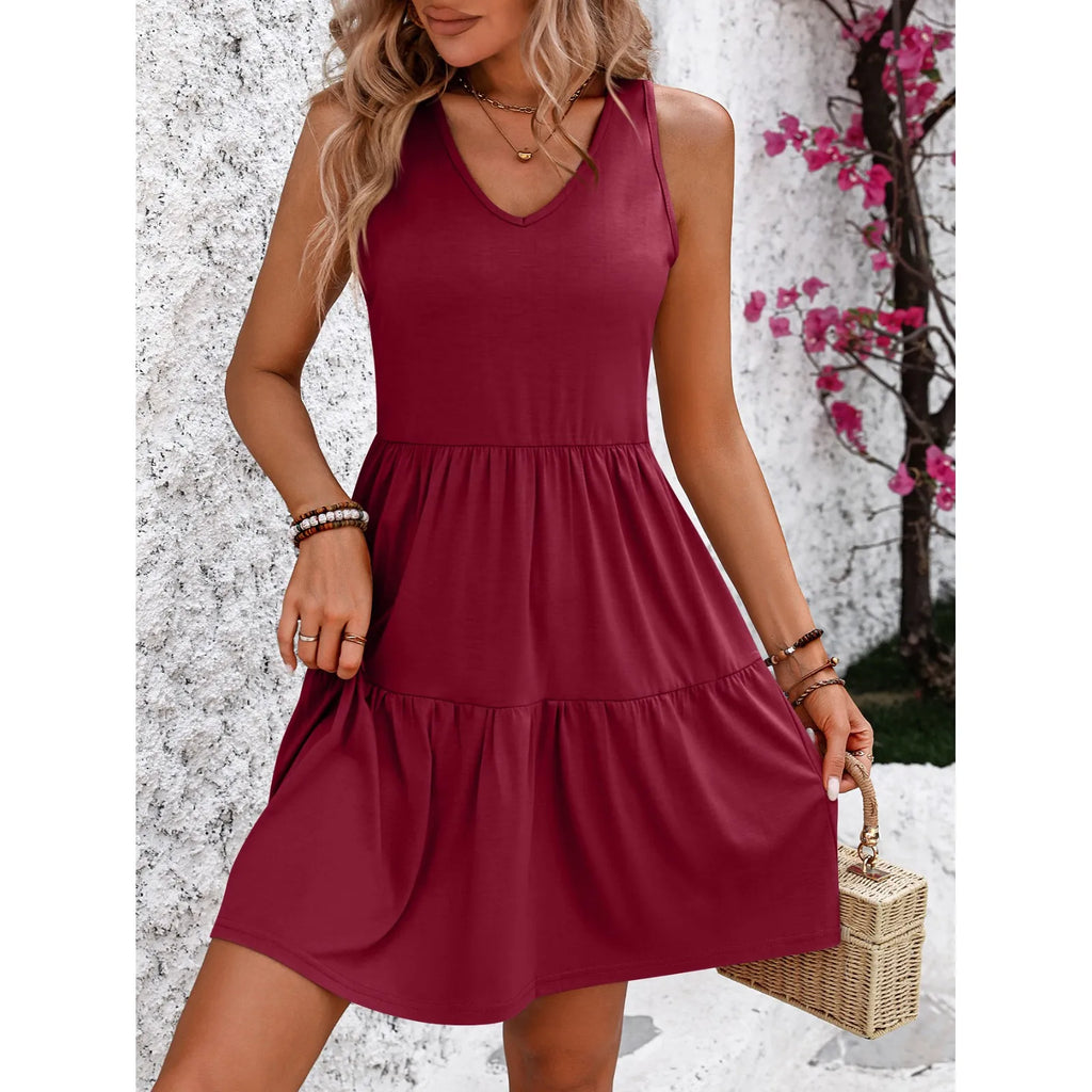 Girls Knee Length V Neck Pleated Patchwork Sleeveless Dress