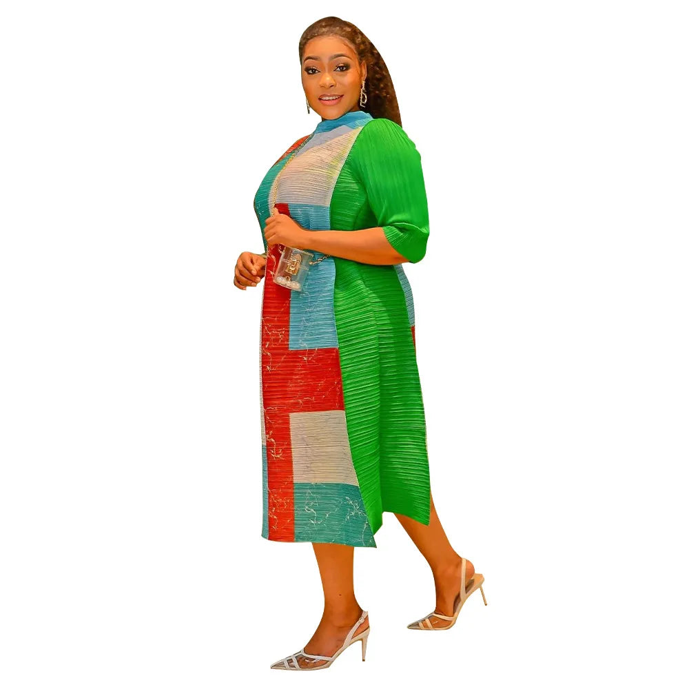 Leaf Print Pleated Boho Maxi Dress for Women Casual Beach