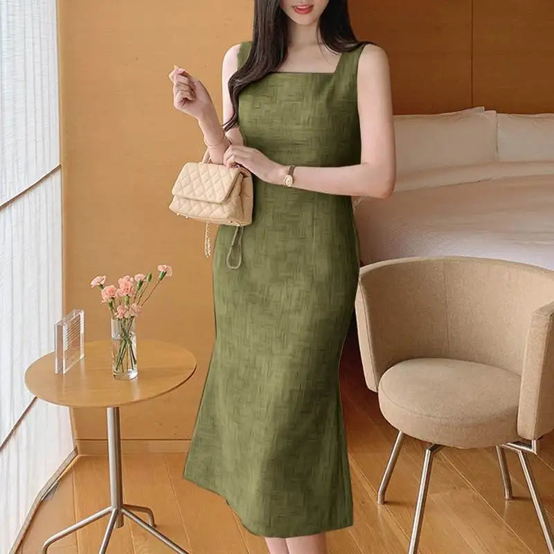 Elegant Sleeveless Square Neck Mermaid Midi Dress for Women