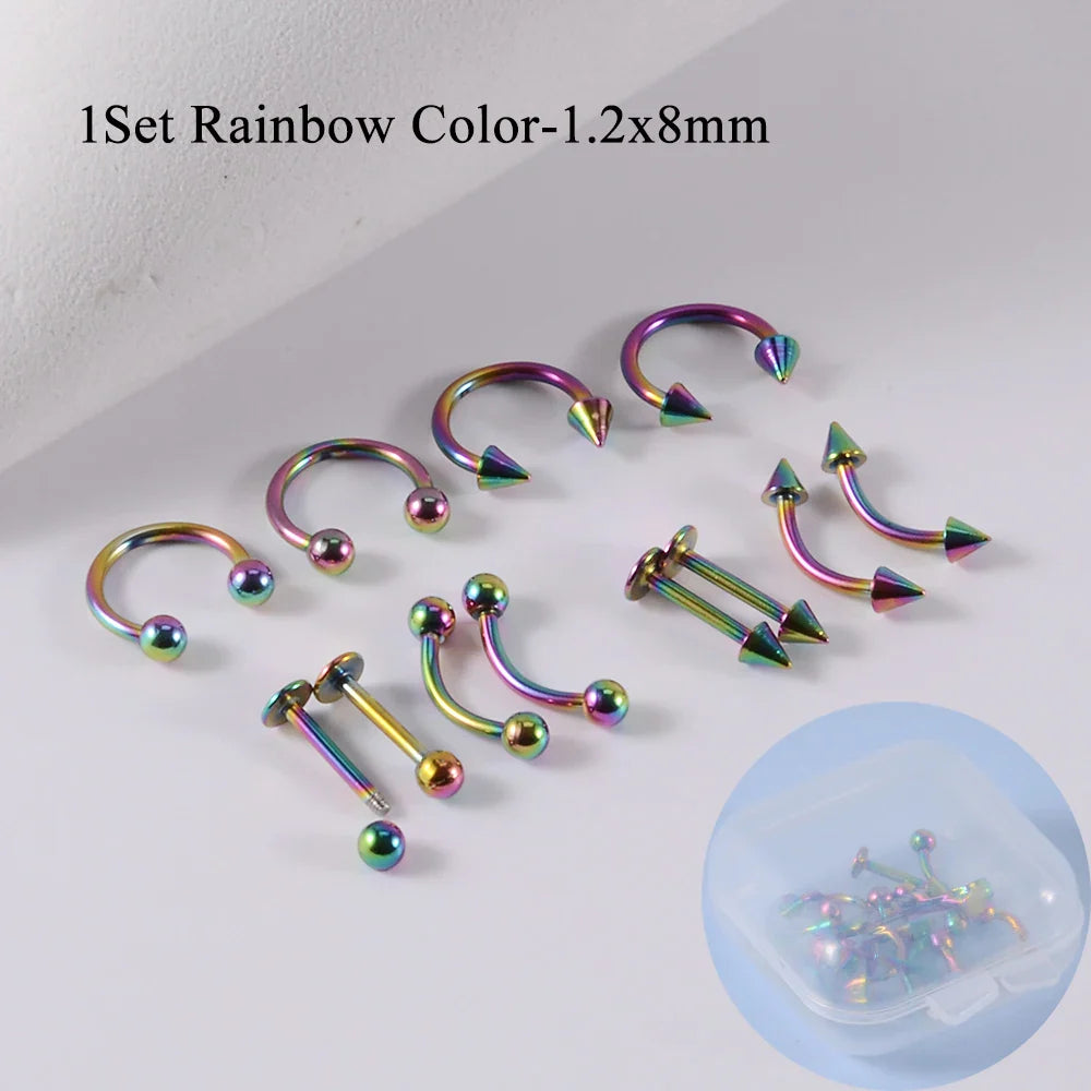 12 Piece Surgical Steel Piercing Jewelry Set with Gold Plated Black Rainbow Ear Nose and Eyebrow Labret 8mm