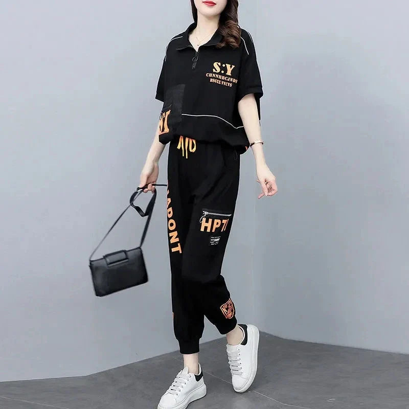 Women's Summer Korean Style Sports Suit Loose Short Sleeve Top and Pencil Pants Two Piece Set