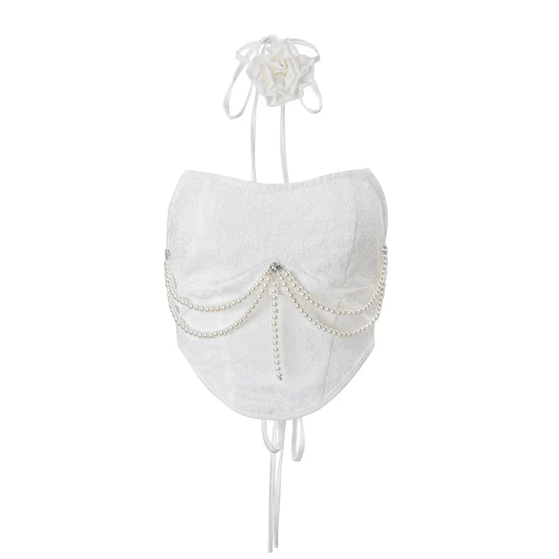 Solid Pearl Embellished Two Piece Set Sleeveless Floral Slim Fit Vest with Pleated Mini Skirt Summer Women's Fashion Ensemble