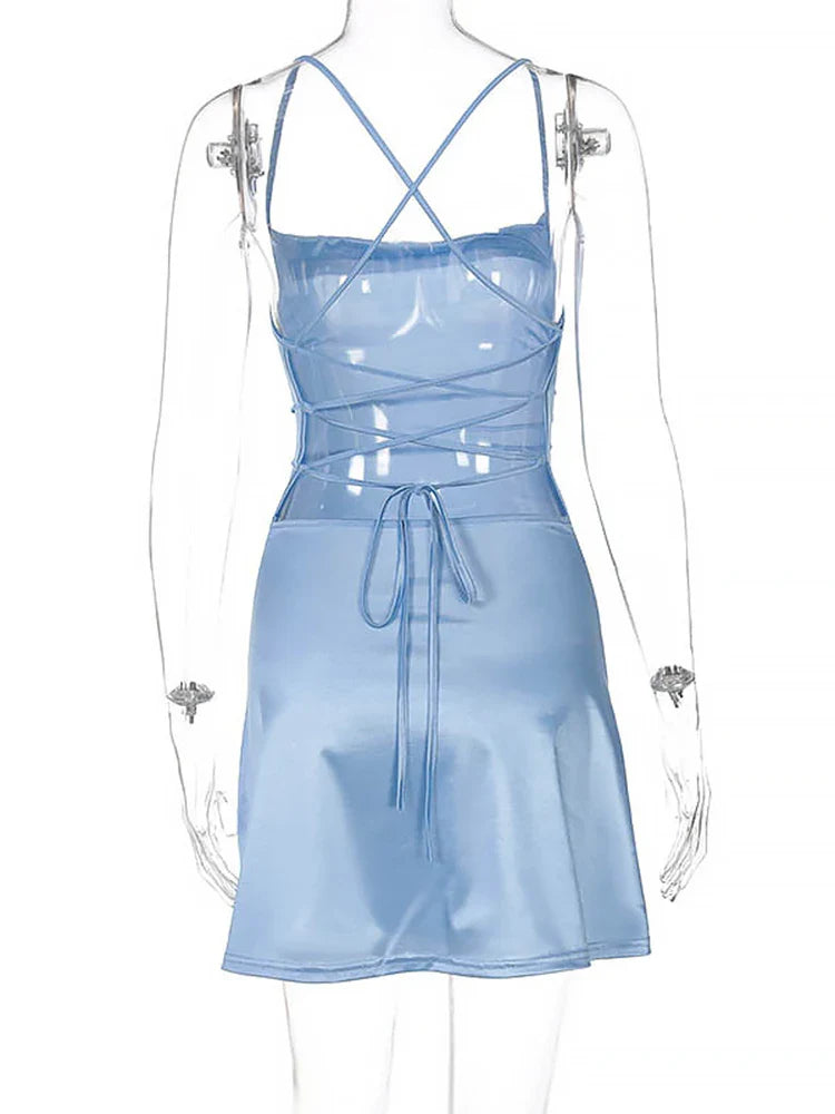Backless Satin Mini Dress Lace Up Strap Bodycon Evening