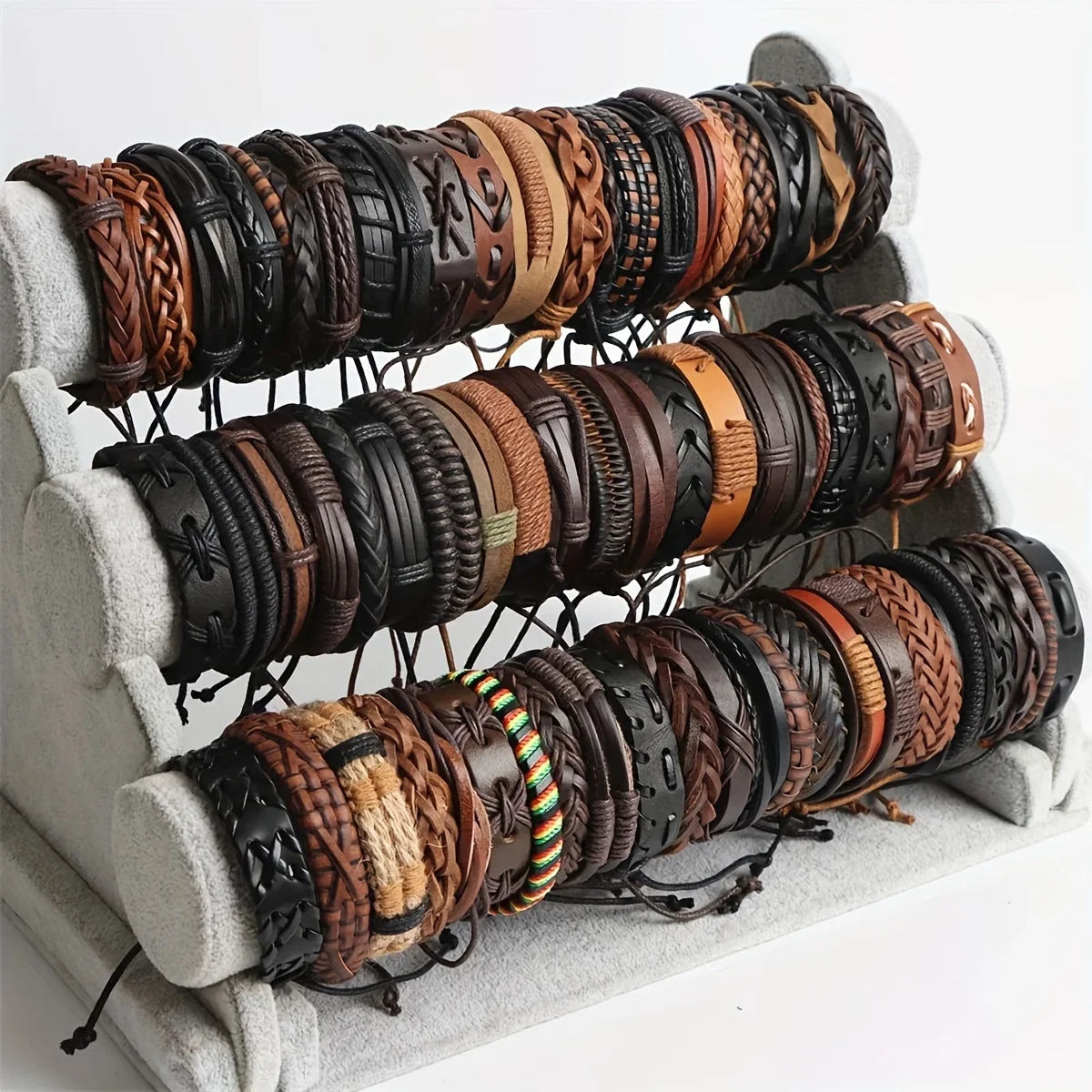 40Pcs Braided Leather Bracelets Set for Men and Women with Wooden Beads Adjustable Cuff Wristbands and Ethnic Tribal Designs