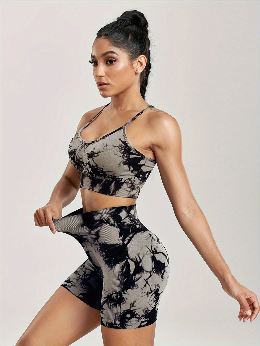 2-Piece Women Tie-Dye Sports Shorts and Crop Top Set Breathable Athletic Workout Gym Outfit Perfect for Yoga Fitness and Biking