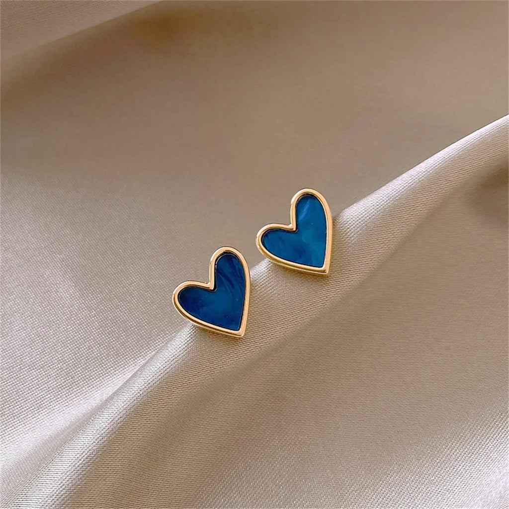 Korean Cute Heart Stud Earrings for Women with Blue Glaze Aesthetic Geometric Design Minimalist Jewelry Gift