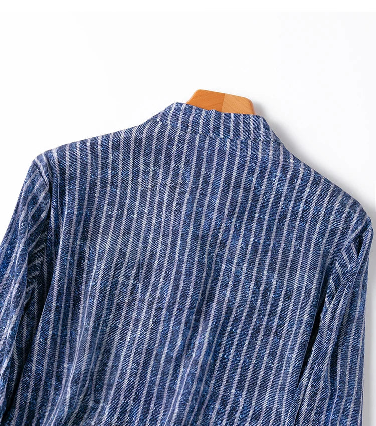 Women 100 Percent Mulberry Crepe Silk Shirt Blue Jeans Stripe Printed Three Quarter Sleeve Pullover Blouse Elegant Office Top in M L XL