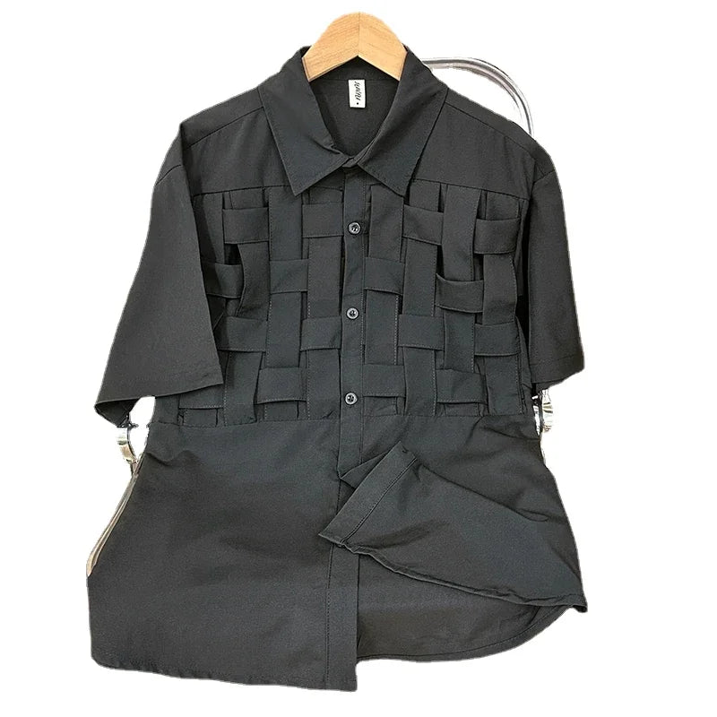 Women Short Sleeve Lapel Shirt Hollow Out Patchwork Blouse Loose Waist Casual Chic Poly Blusa