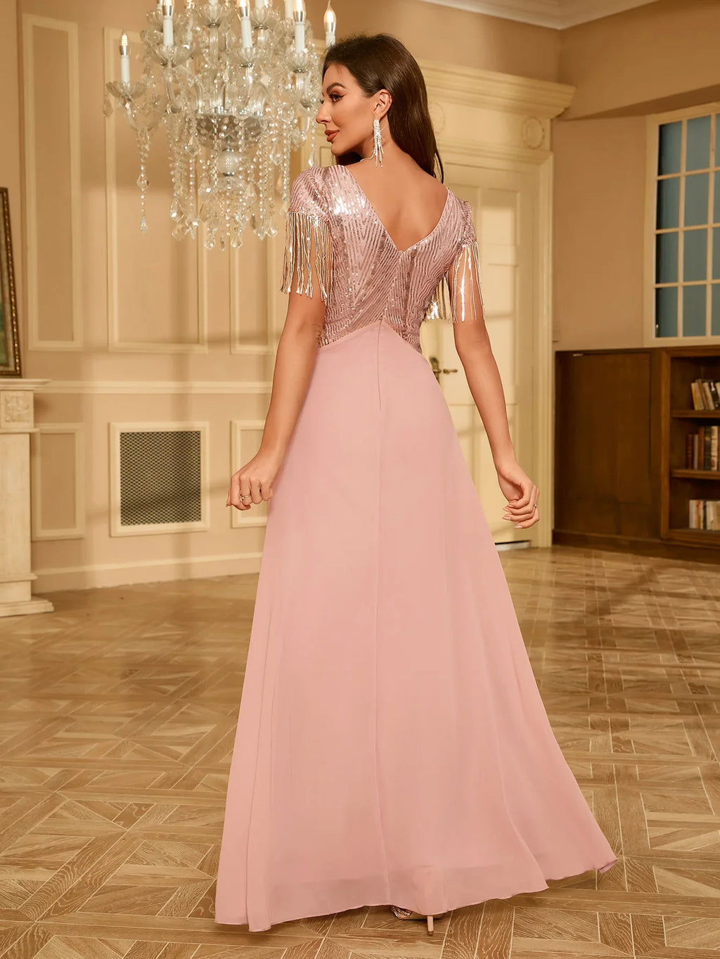 Pink Sequin Floor Length Gown With Tassel Sleeve Detail