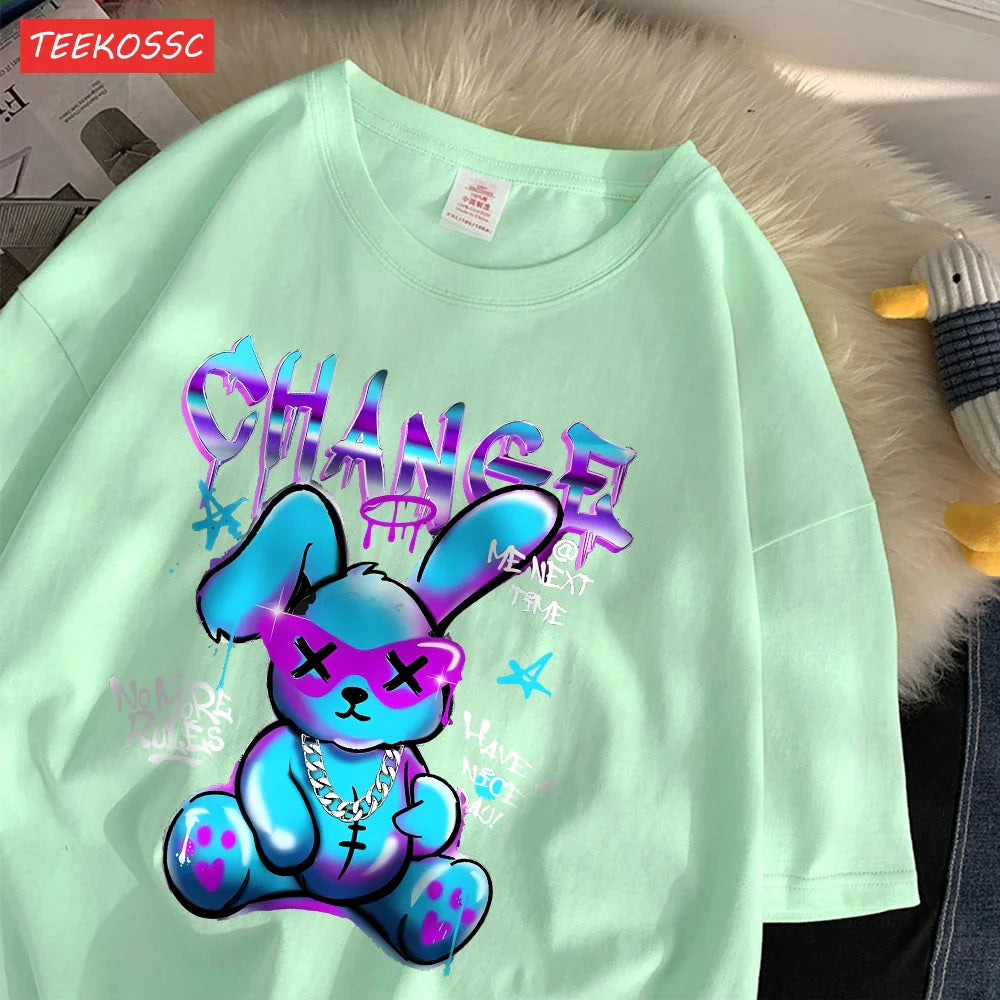 Trendy Cartoon Rabbit Print Summer T-Shirts for Women in Soft Cotton Short Sleeve Loose Fit Casual Tops