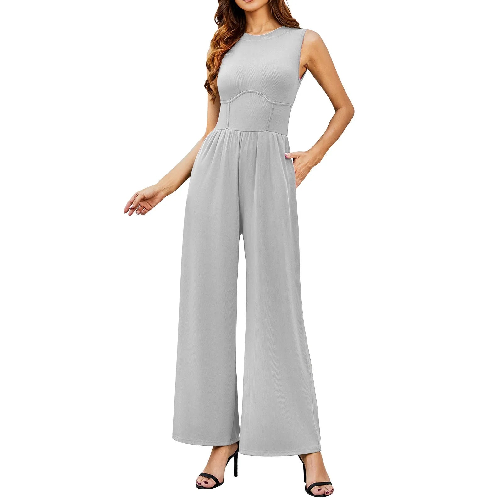 Women Sleeveless High Neck Ribbed Tank Top Jumpsuit Wide Leg Pants Romper with Tummy Control and High Waist Casual Summer Outfit