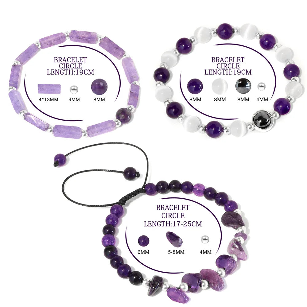 3pcs Set Amethyst Healing Bracelet for Weight Loss and Meditation - Body Purifying Crystal Jewelry for Men and Women