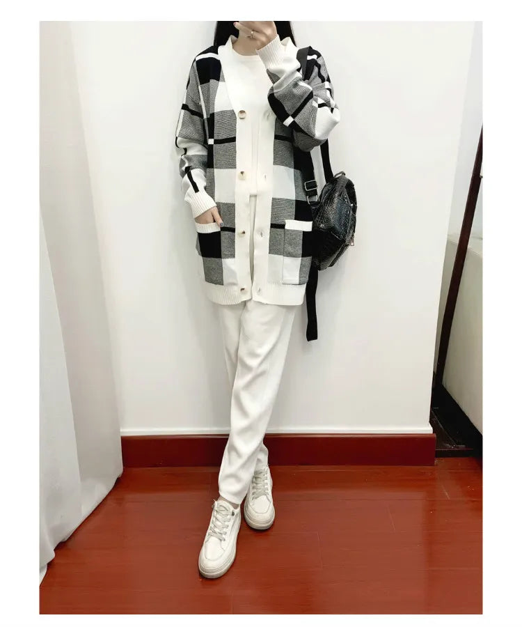 Autumn Winter Women's Plaid Knit Cardigan Tracksuit Set with Short Sleeve Top and Solid Harem Pants 3 Piece Cozy Sweater Coat Ensemble