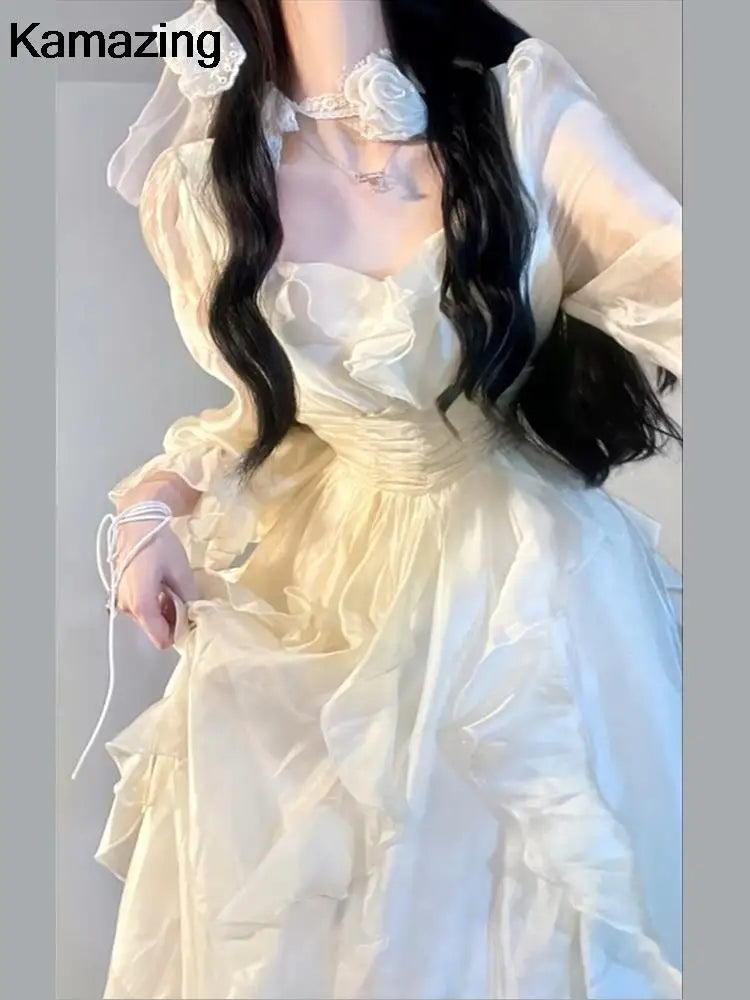 Korean Fashion Ruffles Midi Dress A Line Waist Party Dress