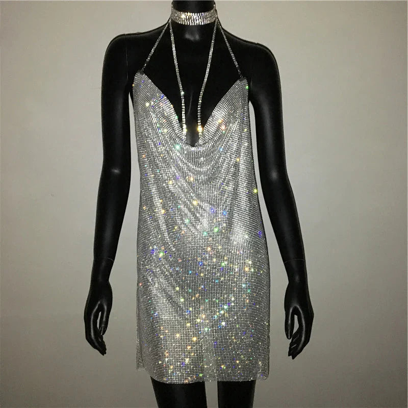 Sequin Rhinestone Backless Mini Dress For Nightclub Party