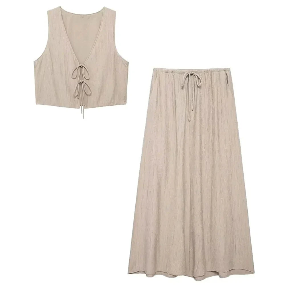 Summer Women's Elegant Solid Color Skirt Set Casual V-neck Bow Lace-Up Sleeveless Crop Vest Top with Loose Drawstring Midi Skirt