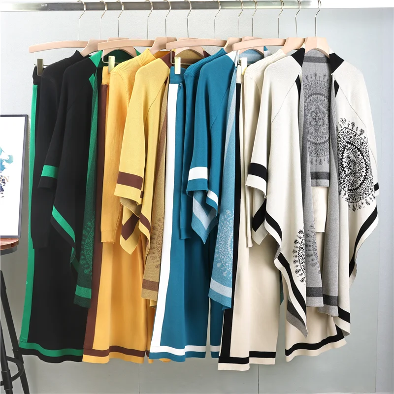 Knit Shawl Sweater Three Piece Set for Women with Loose Wide Leg Pants and Casual Jacket in Solid Colors for Autumn and Winter Wear