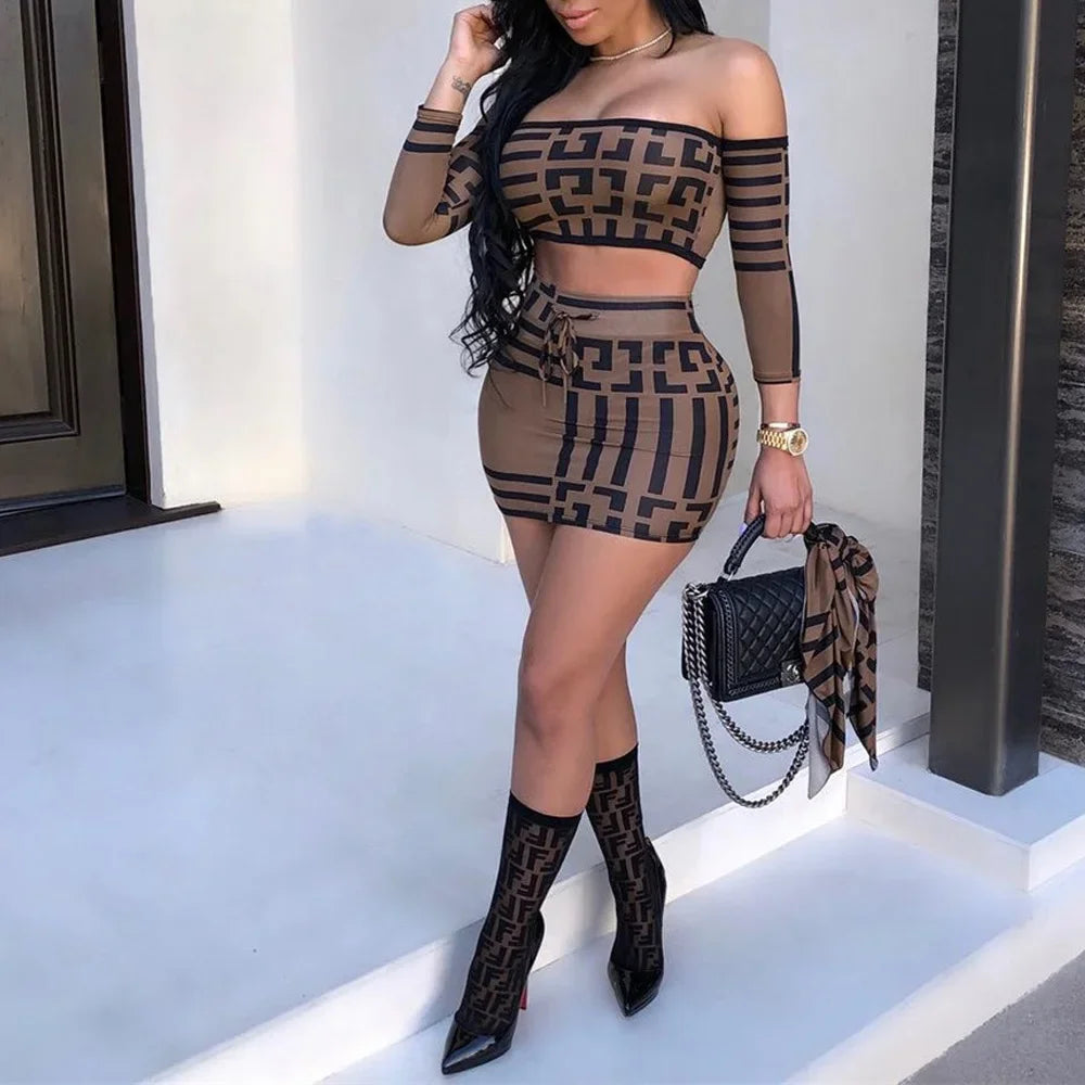 Two Piece Sexy Women's Printed Dress Set with Long Sleeves Slim Fit One Line Collar and Elegant Mini Skirt for Summer Party and Clubwear