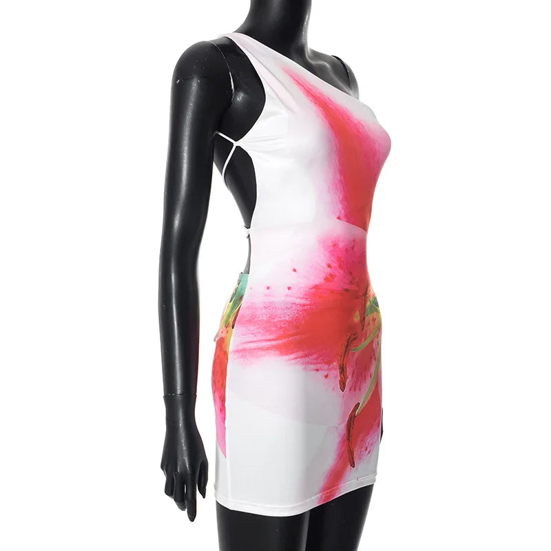 One Shoulder Floral Print Mini Dress Backless Bandage