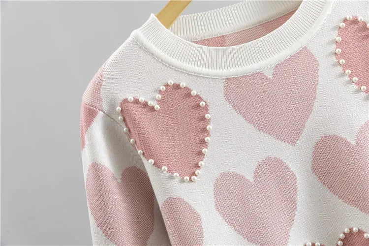 Chic Women's Knit Sweater 2-Piece Set with Embroidered Beaded Heart Pullover and Spring Harem Pants Sporty Tracksuit Lounge Ensemble