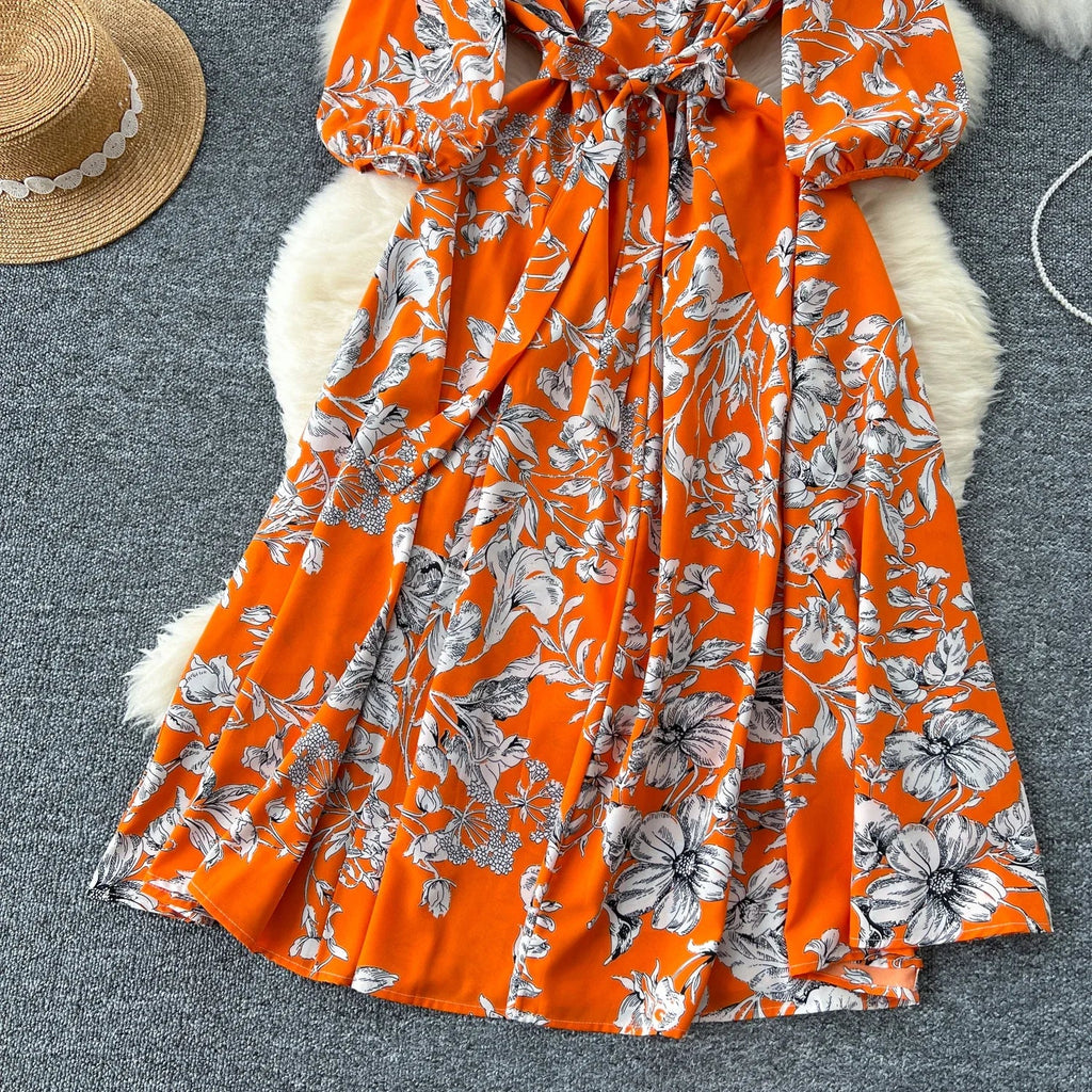 Boho Floral Print Pleated Maxi Dress With Puff Sleeves Belt