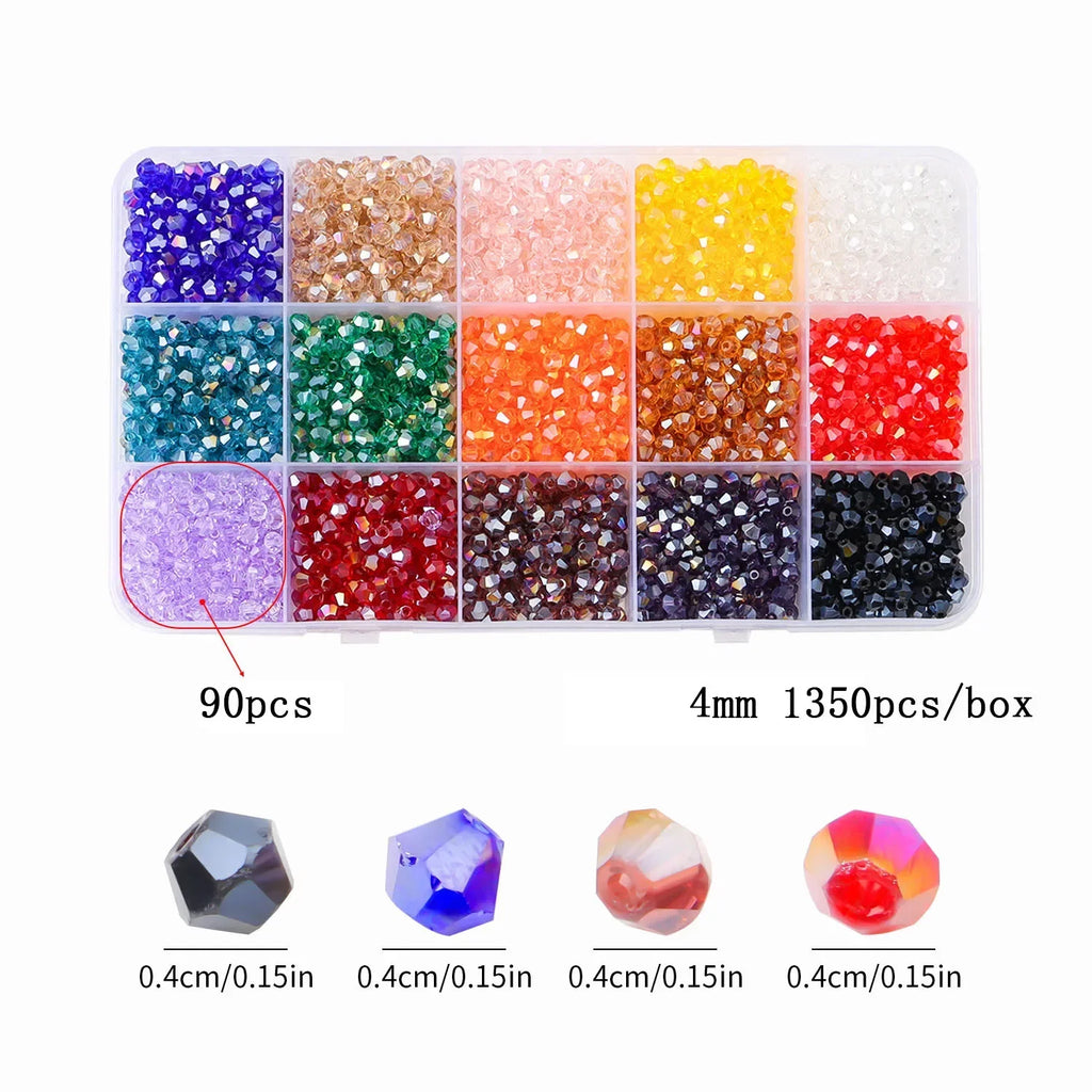 4mm Multicolor Bicone Crystal Beads Set for DIY Bracelet Jewelry Making - 15 Grid Multi-faceted Irregular Glass Bead Kit