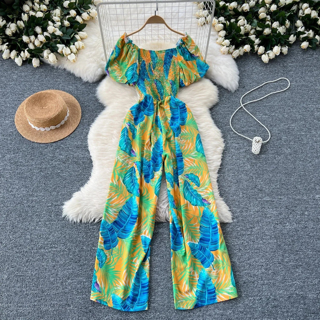 Square Neck Loose Pleated Jumpsuit with Ruffles Backless Design Wide Leg Long Pants Elegant Chic Printed Playsuit for Women