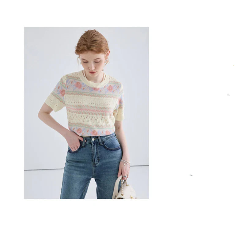 Women Striped Printed Casual T-Shirt with Hollow Out Short Sleeves and O-Neck Design