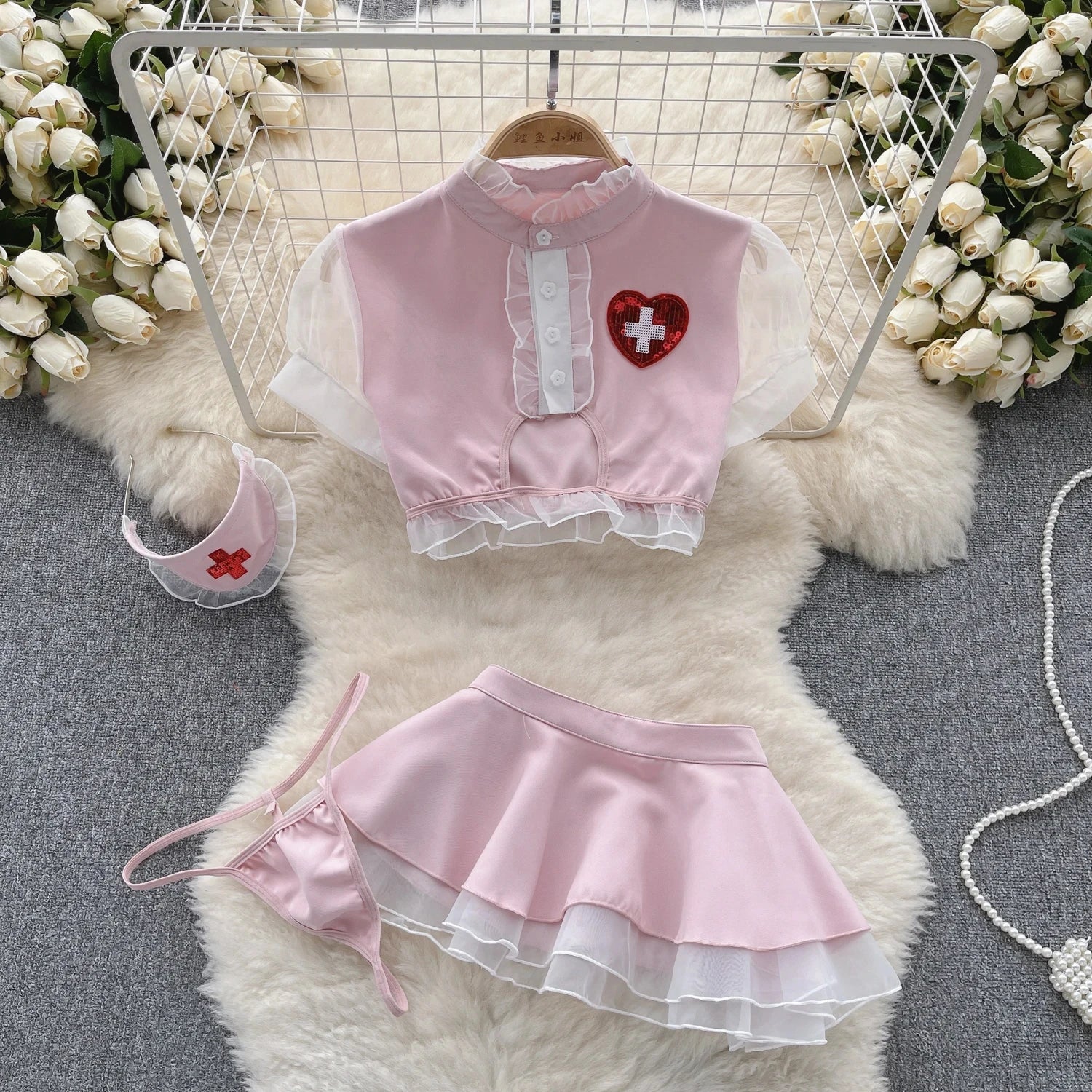 Sexy Nurse Cosplay Uniform Two-Piece Set with High Waisted Ruffled Skirt and Bubble Sleeve Short Top Cute and Flirty Costume