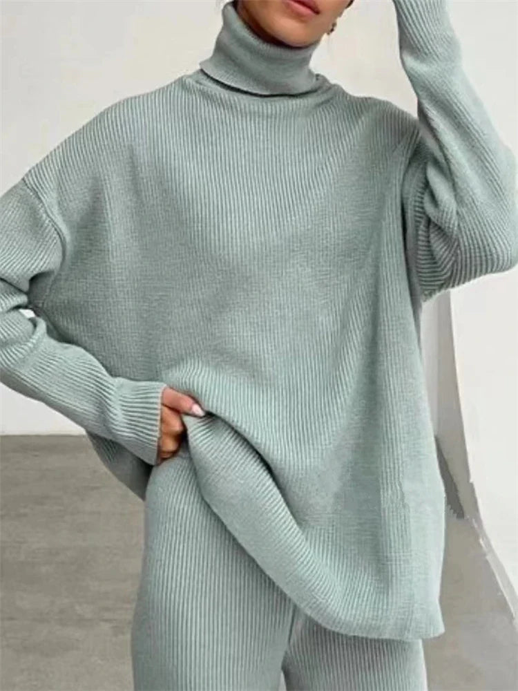 2 Pieces Women Knitted Tracksuit Set with Turtleneck Sweater and Wide Leg Jogger Pants Pullover Lounge Outfit