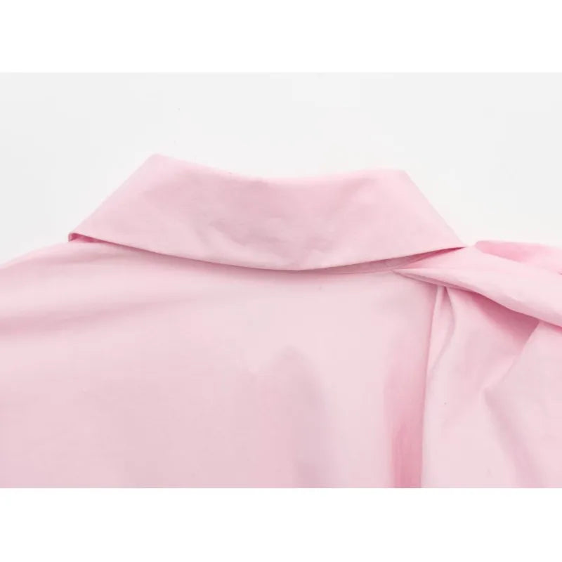 Women Poplin Shirt with Volume Shoulder Long Sleeve Pleated Cuffs Casual Cotton Blouse for Spring Party and Everyday Wear