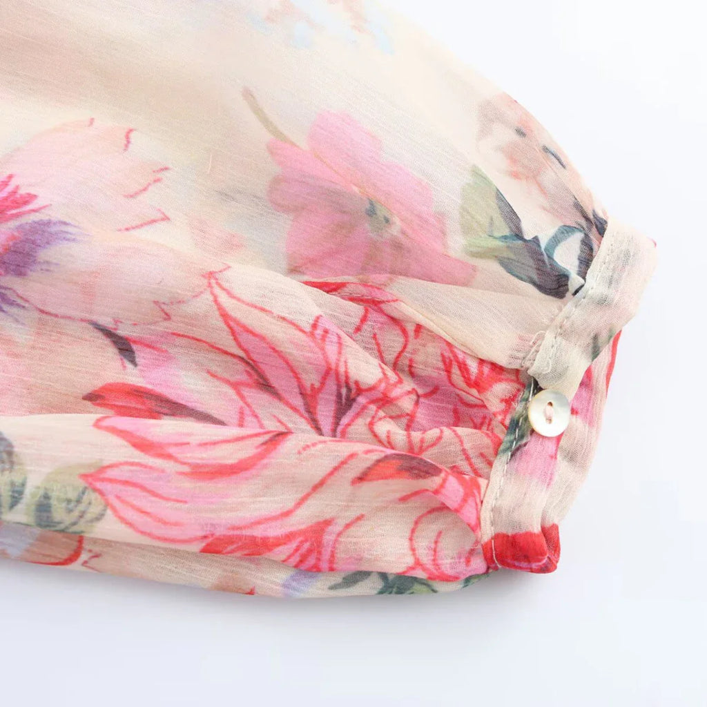 Floral Print Midi Dress With High Neck And Tie Front Belt