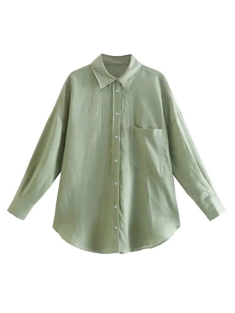 Women's Oversized Vintage Long Sleeve Button-Up Shirt with Pocket Chic Blouse Top