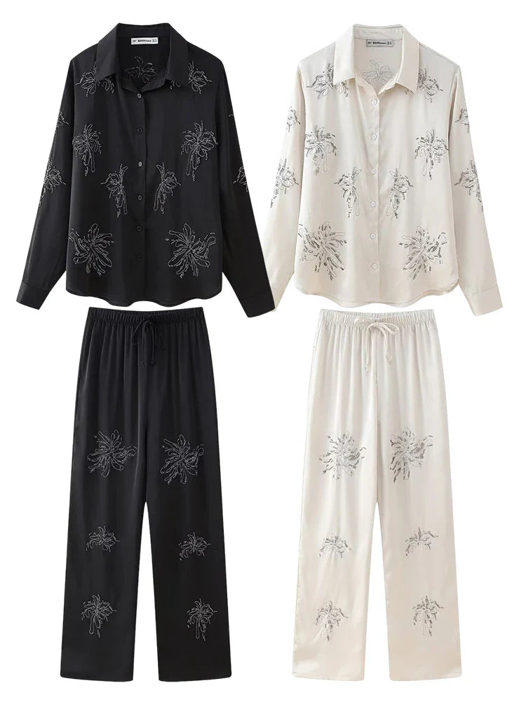 Women's Beaded Embroidery Long Sleeve Shirt and Loose Trousers Set with Lace Up Details