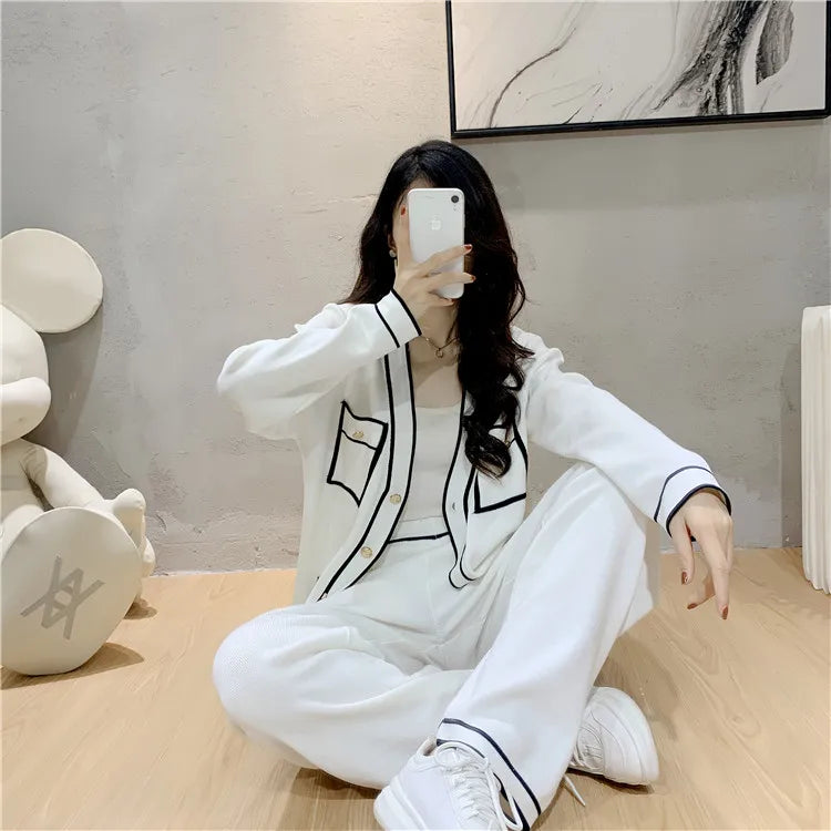 Autumn Elegant Two-Piece Trouser Suit for Women Long Sleeve Tailored Coat with Casual Wide Leg Trousers Office Lady Chic Set