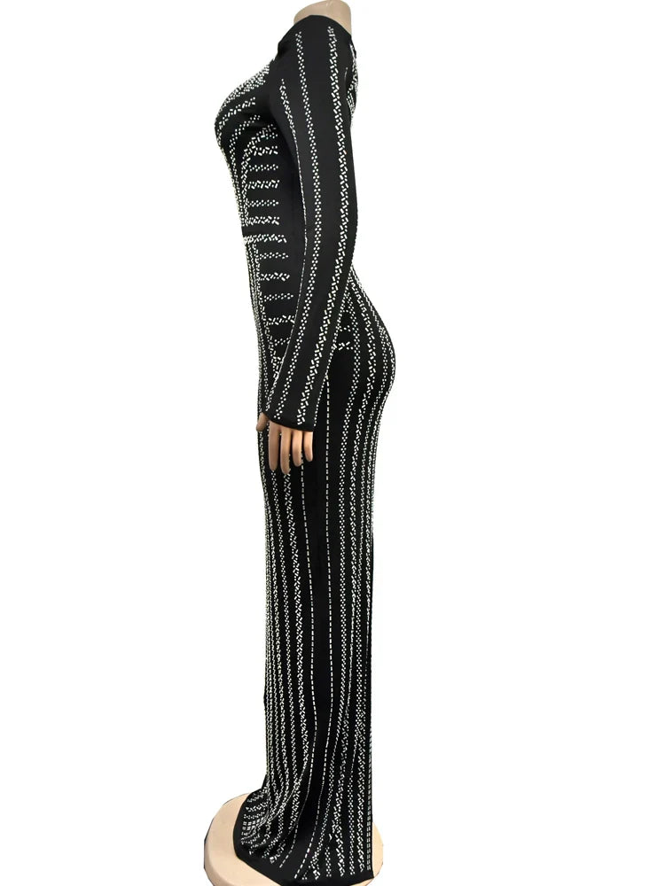 Red Rhinestone Evening Gown Long One Piece Dress Glam Party