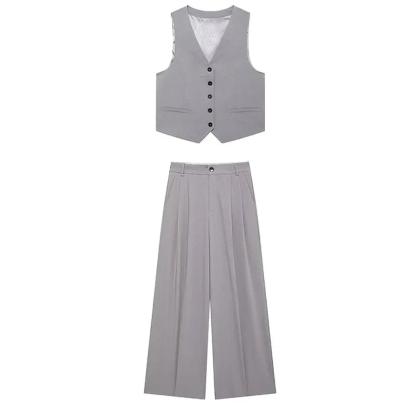 Solid Sleeveless V-Neck Vest and High Waist Zipper Loose Pants Set for Office and Casual Wear