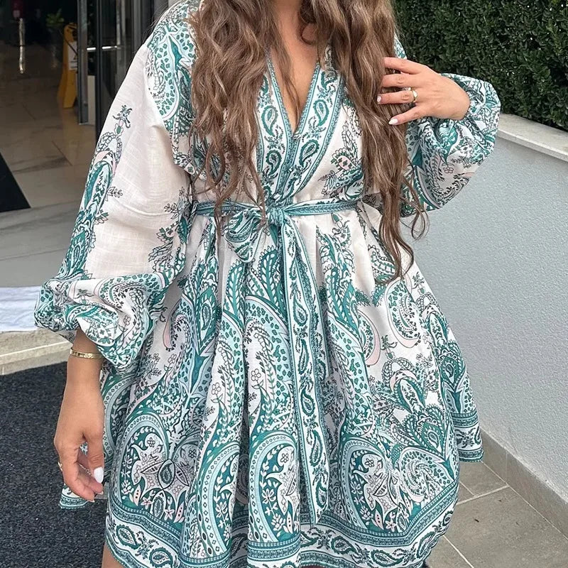 Casual Belted Print Dress For Women With V Neck Long Sleeve