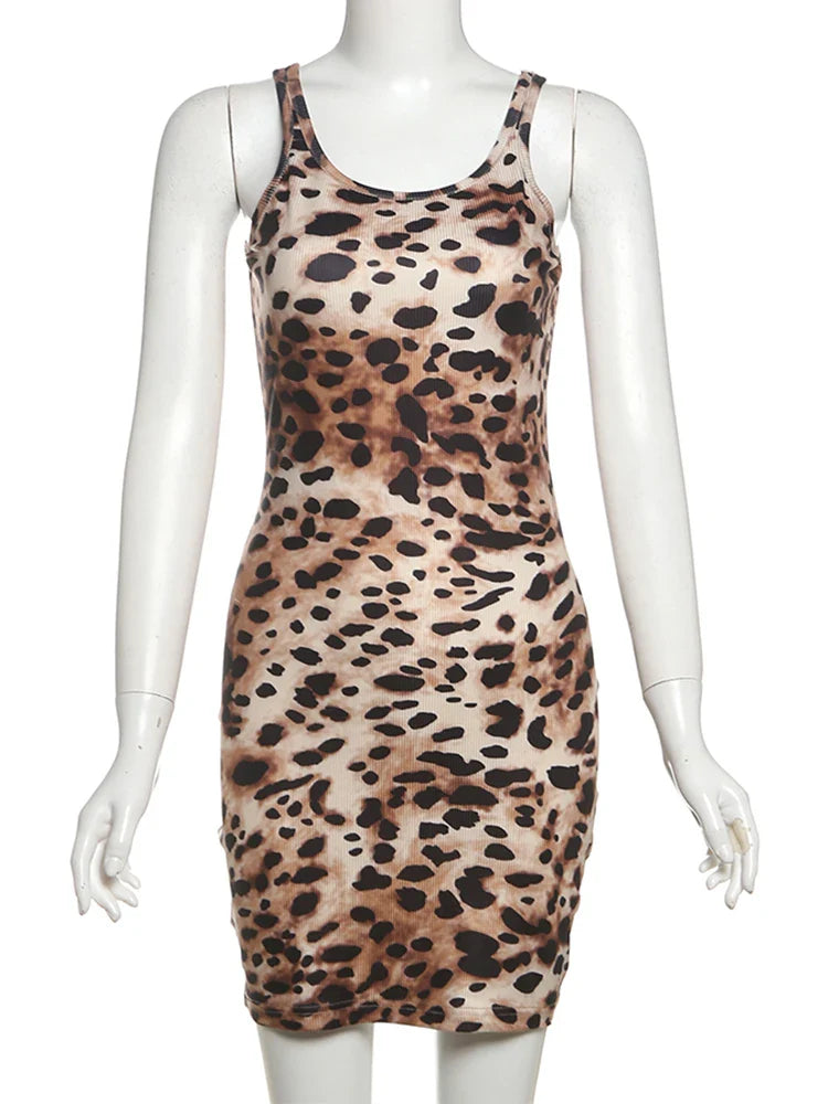 Leopard Print Mini Bodycon Dress Sleeveless Summer Party