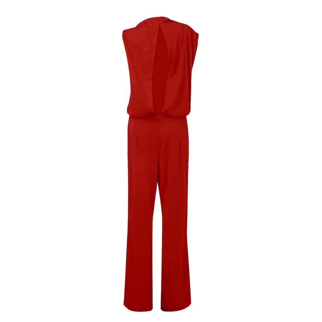 Women Fashion Long Sleeveless Rompers High Neck Wide Leg Overalls Vintage Style Waisted Playsuit Summer Jumpsuit