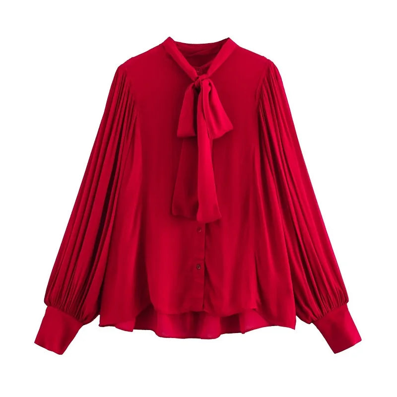 Red Bow Pleated Semi Sheer Womens Blouse Chic Button Up Shirt Elegant Spring Top for Women