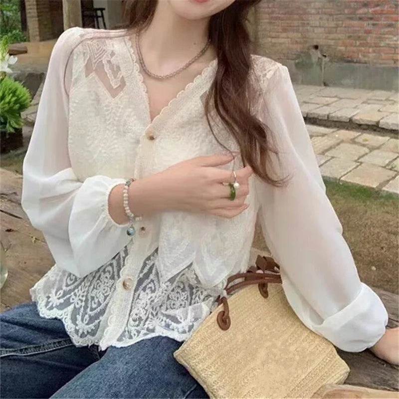 Lace Crochet Women's Blouse with V-Neck Patchwork Long Sleeve Single Breasted Shirt for Spring and Summer